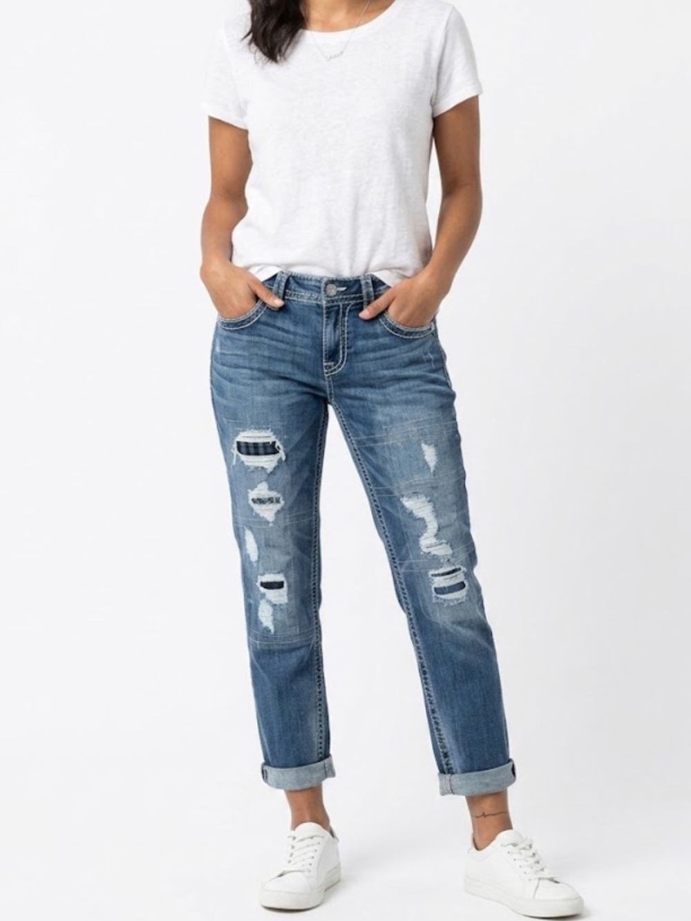Miss Me Boyfriend Distressed Patchwork Boyfriend Jeans